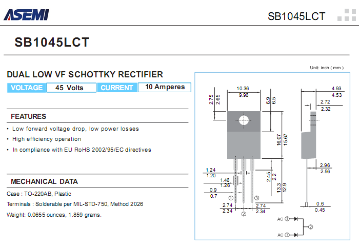 SB1045LCT ASEMI低压降肖特基二极管 SB1045LCT中文资料参数